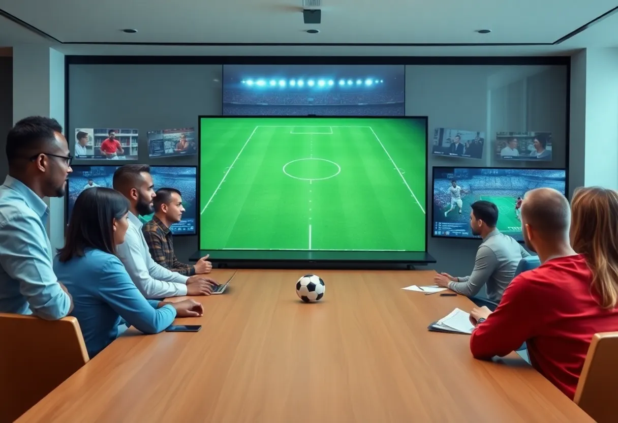 Virtual meeting of NFL teams discussing strategies.