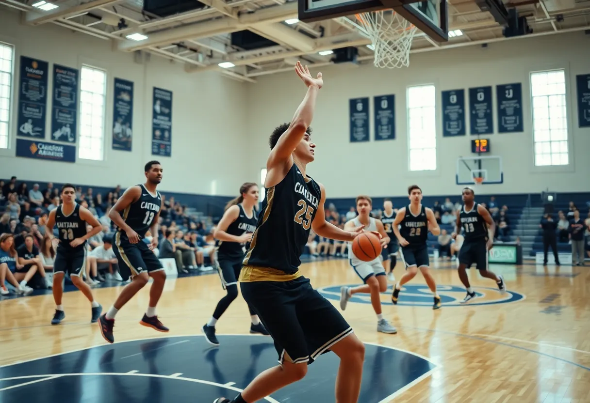 Basketball players competing during the Northern Kentucky Norse vs IU Indianapolis Jaguars game