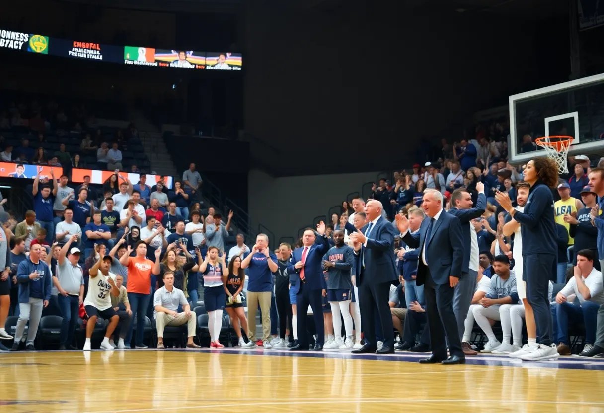 Intense college basketball game with a focus on coaching staff and players