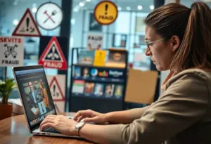 A shopper researching online shopping fraud on a computer