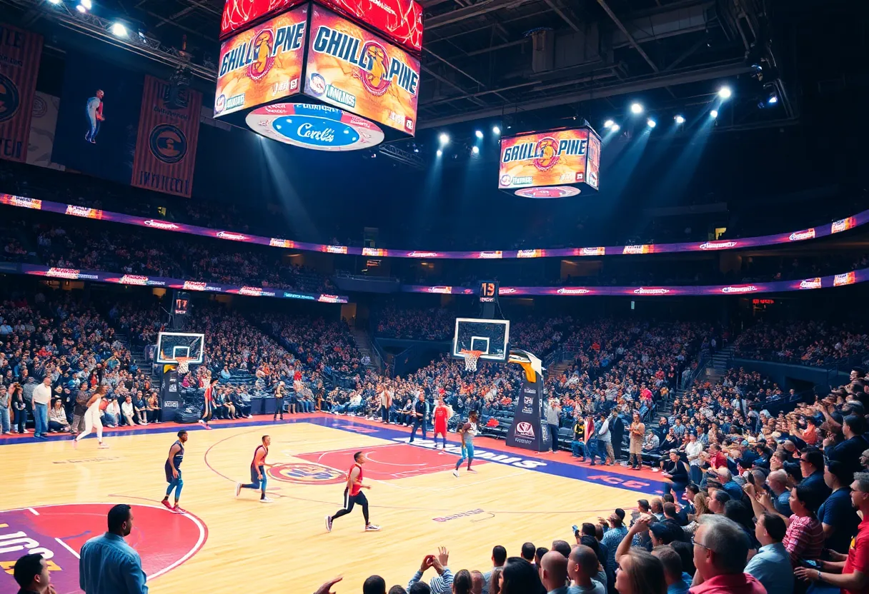 Philadelphia 76ers basketball game with players and fans.