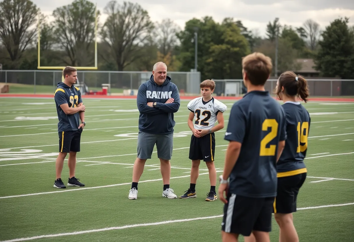 Philip Rivers coaching young athletes on a football field