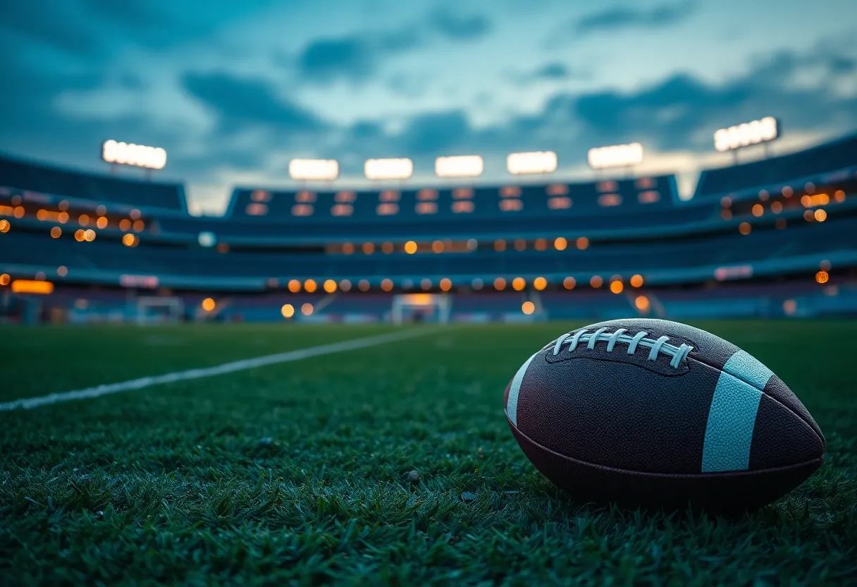 NFL football field with a football in front of the stadium lights