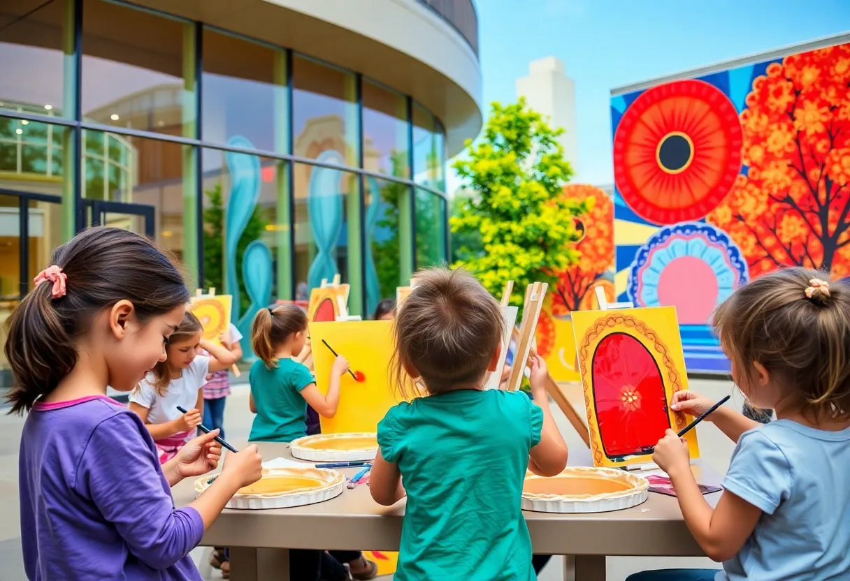 Families painting pies at the Indianapolis Art Center's Pi Day event.