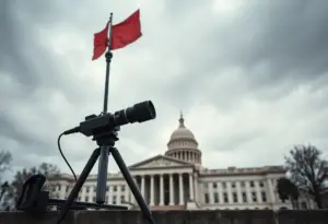 A representation of press freedom with a journalist's tools and a government building.