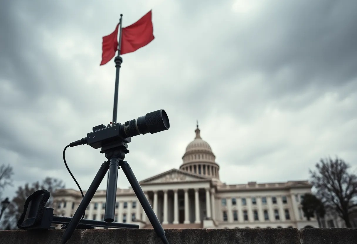 A representation of press freedom with a journalist's tools and a government building.