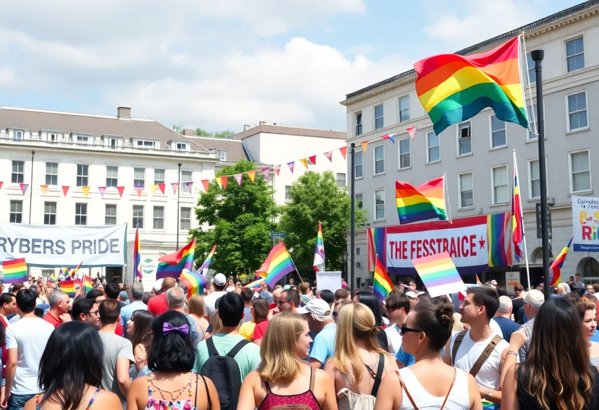 Diverse community members celebrating at PrideFest with colorful decorations.