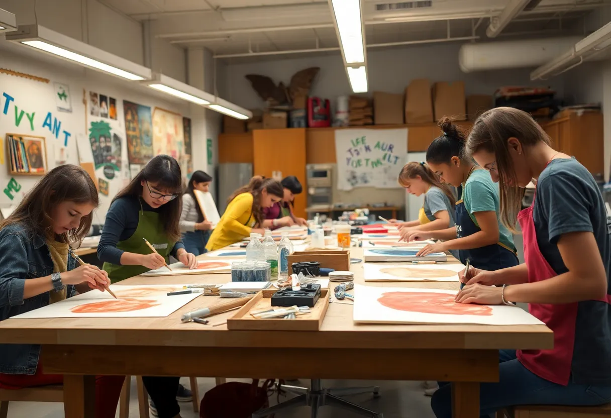 Children participating in a printmaking camp, creating art.