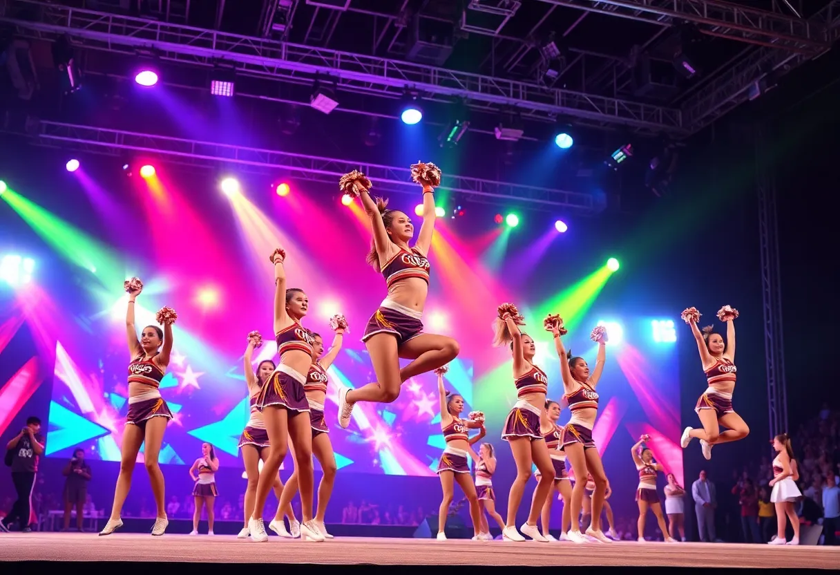Cheerleaders performing in the Pro Cheer League inaugural match at the Indiana Convention Center.