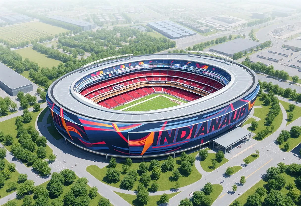 Conceptual layout of an NFL stadium in Indiana with surrounding areas.