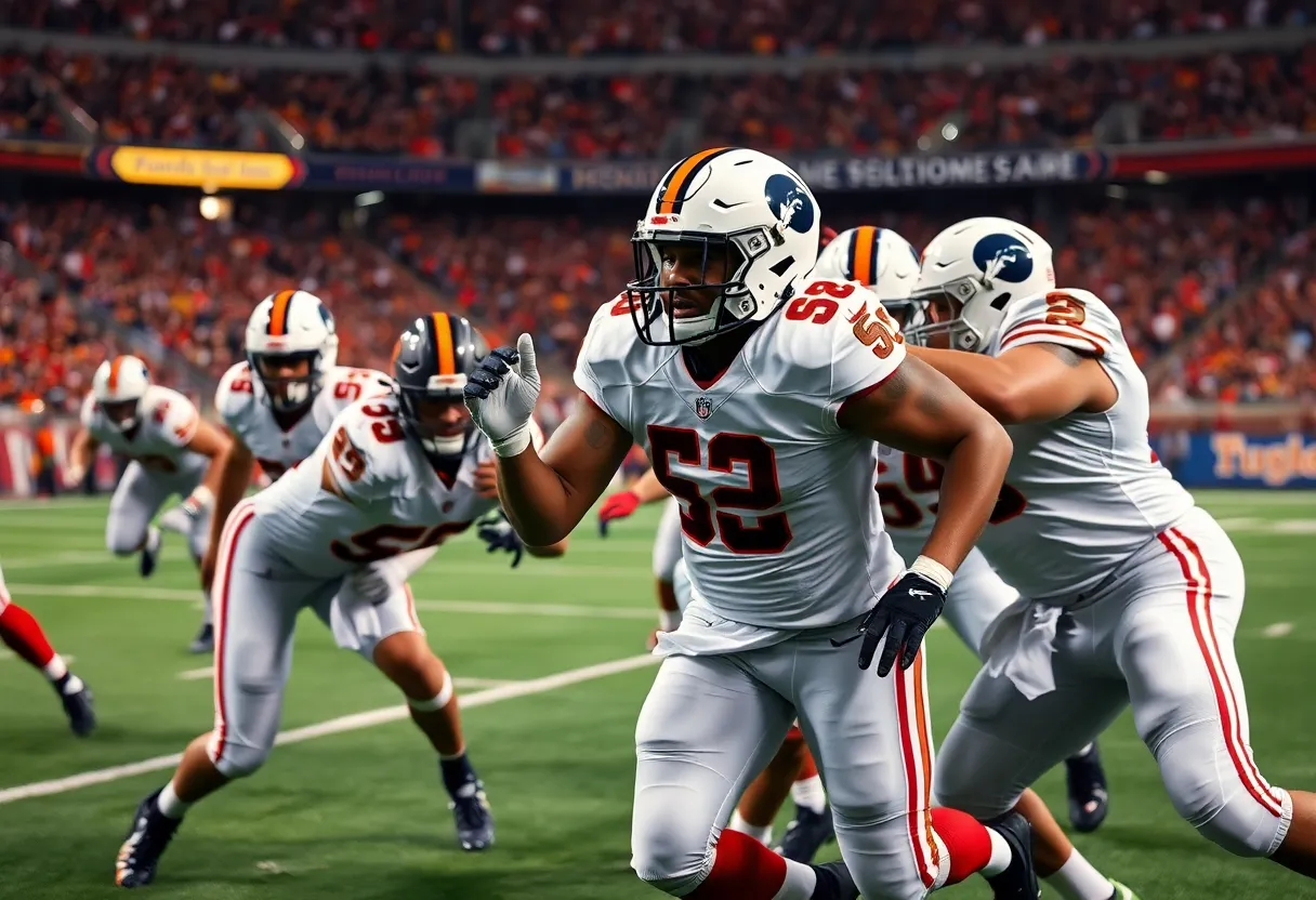 Offensive linemen blocking during a football game