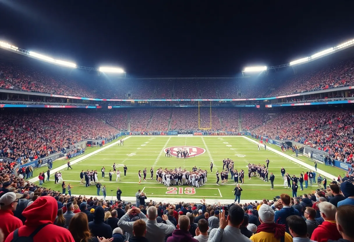 A football stadium filled with fans cheering for their team on game day.