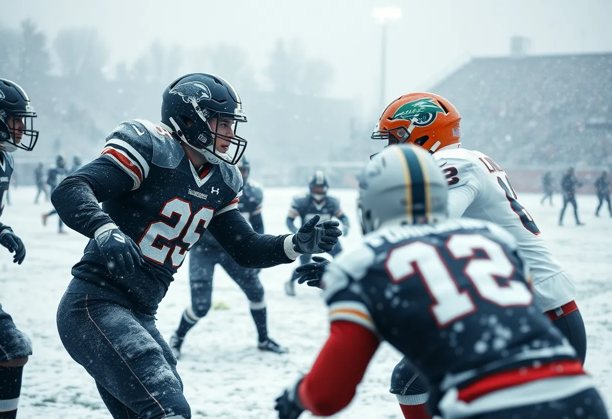 Football players in action during a playoff game in cold weather