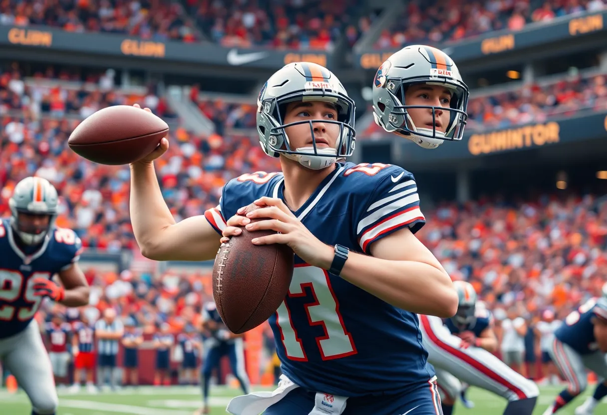 Rookie quarterback leading a play during a football game.