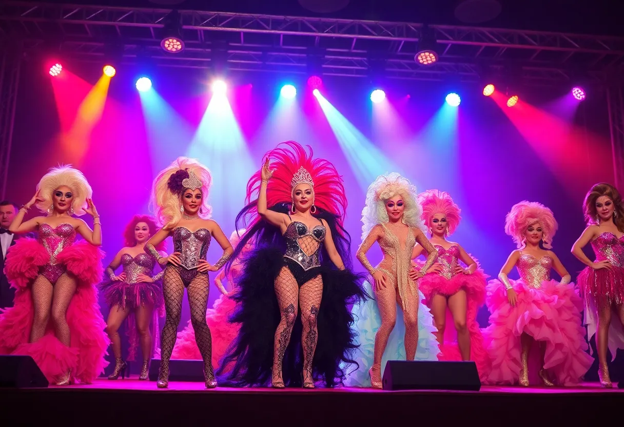 A performance stage from RuPaul's Drag Race Season 18 featuring colorful lights and drag queens in stunning costumes.
