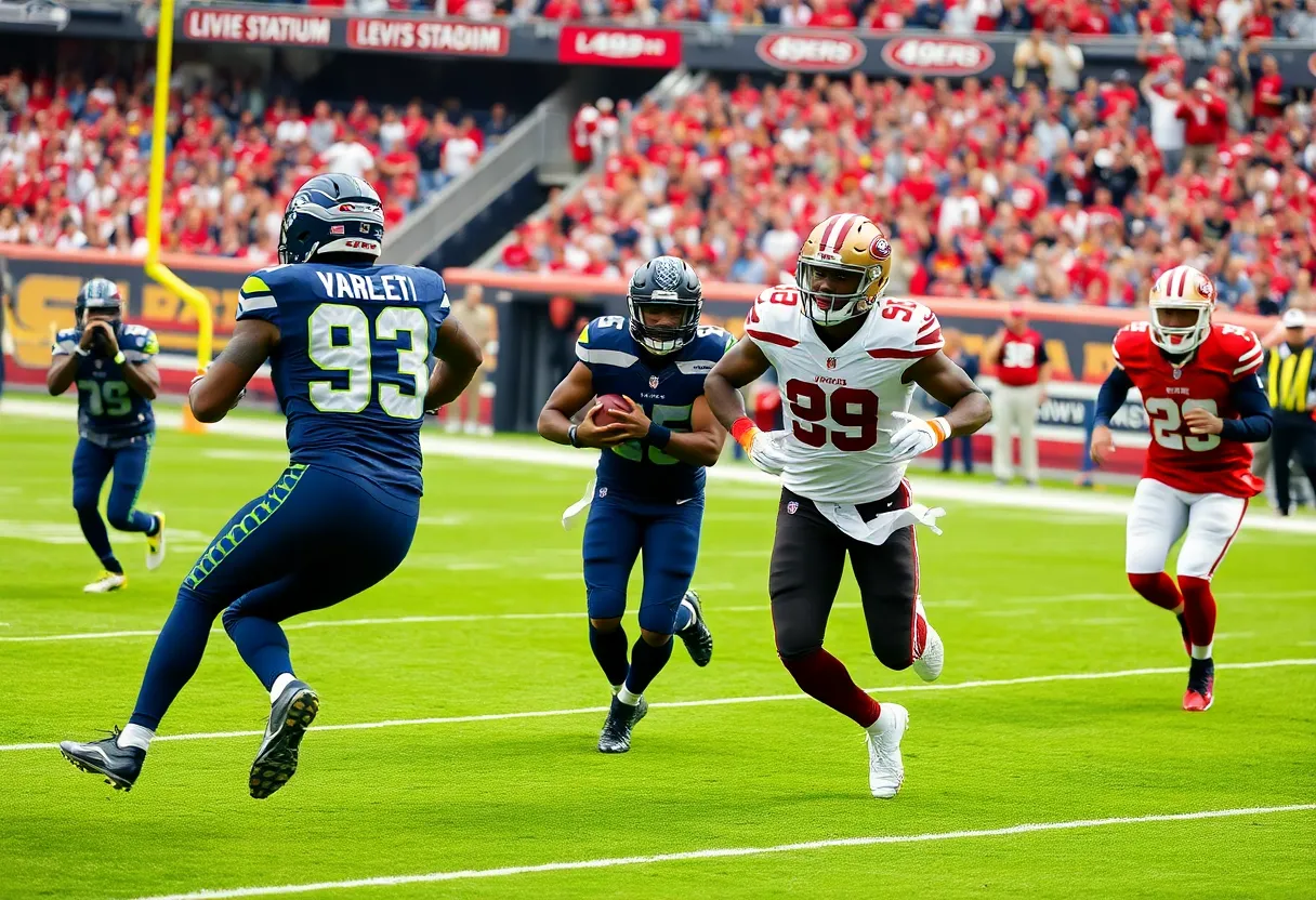 Football players from the Seahawks and 49ers competing at Levi's Stadium
