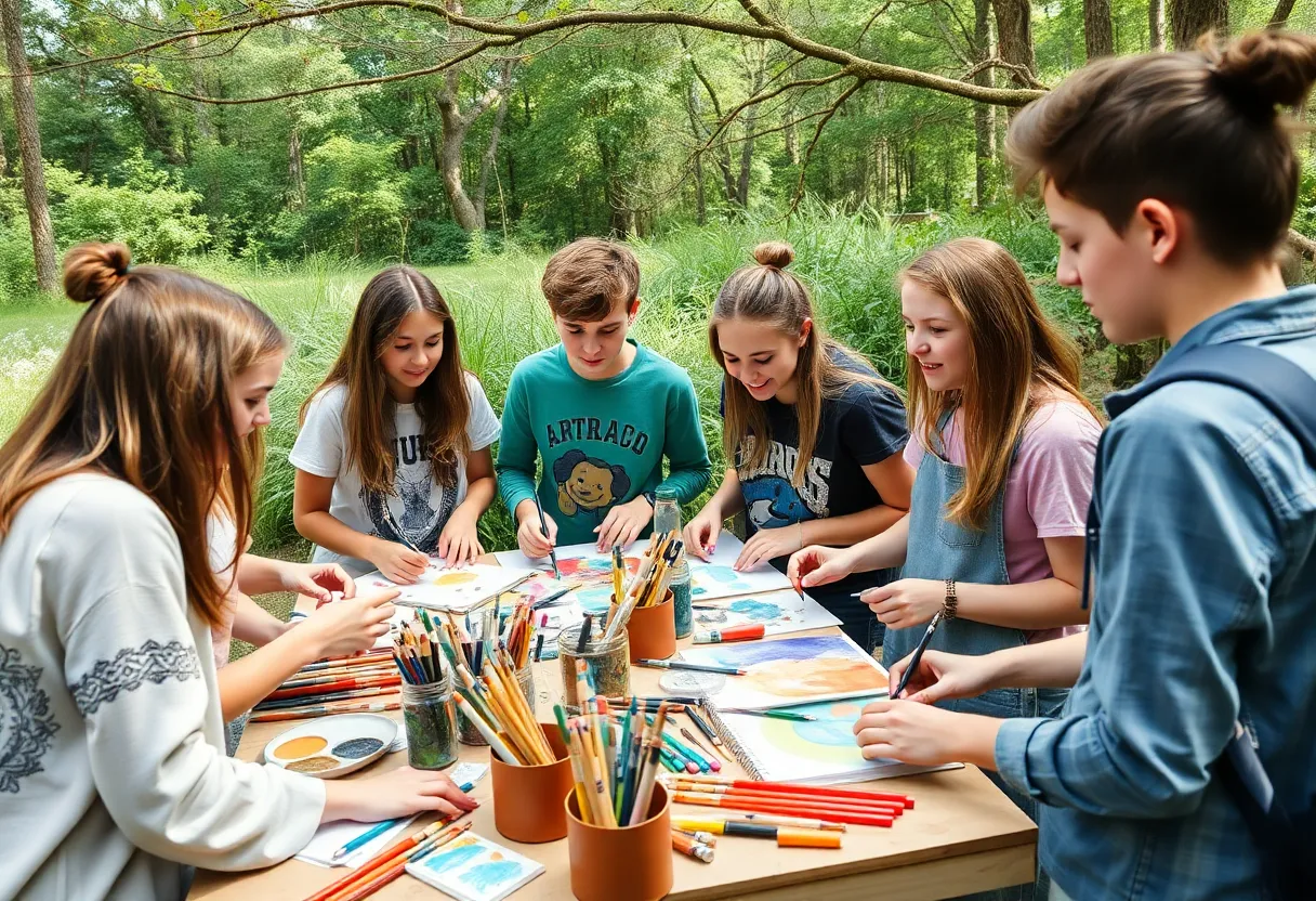 Teens participating in a mixed media art workshop outdoors