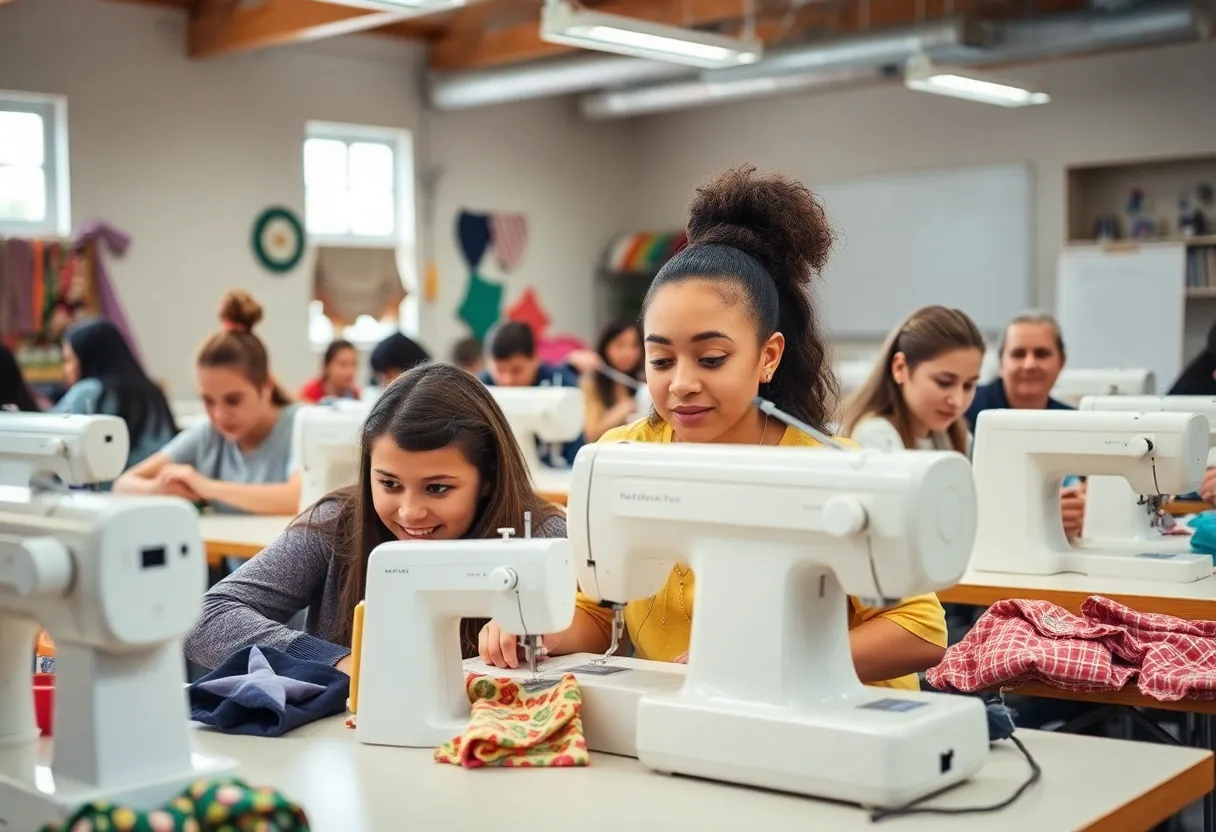 Teens engaged in a sewing class with sewing machines and colorful fabrics.