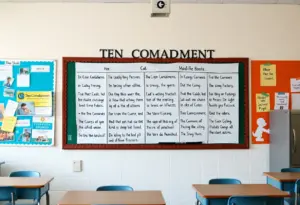 Classroom with Ten Commandments display on wall