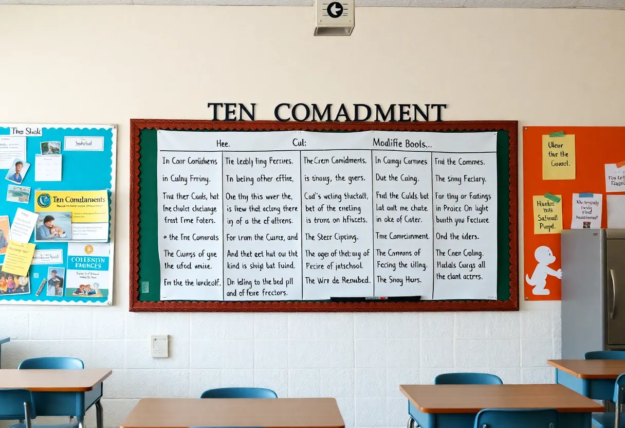 Classroom with Ten Commandments display on wall