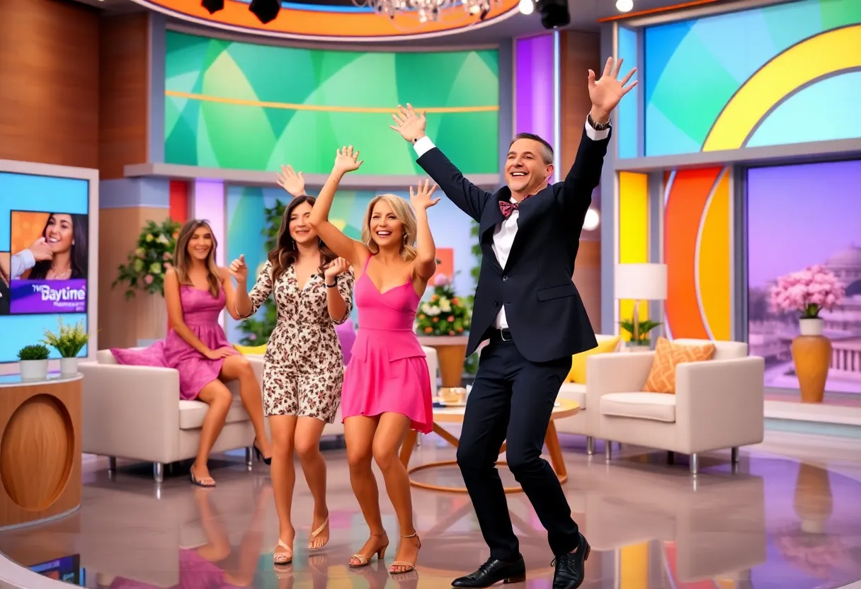 Hosts celebrating their new theme song on a talk show set