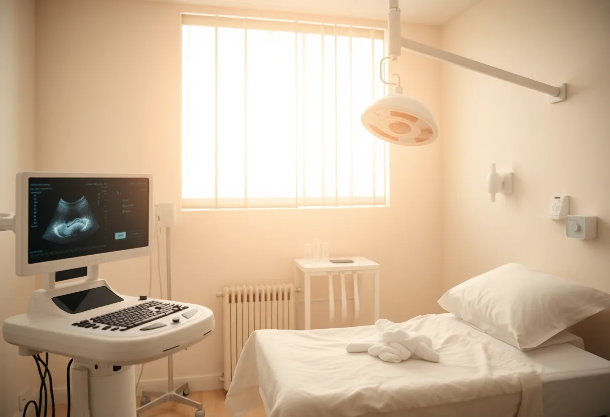 An ultrasound room with medical equipment and baby items symbolizing hope