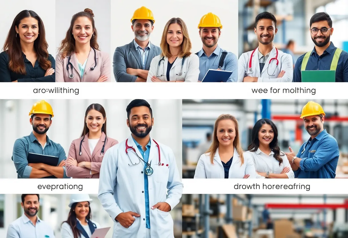 A collage of professionals representing diverse sectors in the US job market.