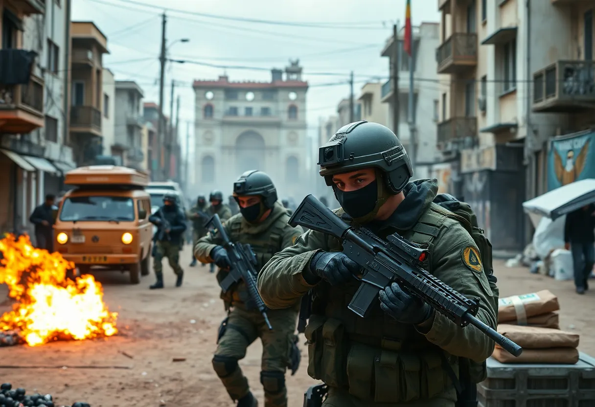 U.S. military operation in Venezuela with soldiers and tactical vehicles