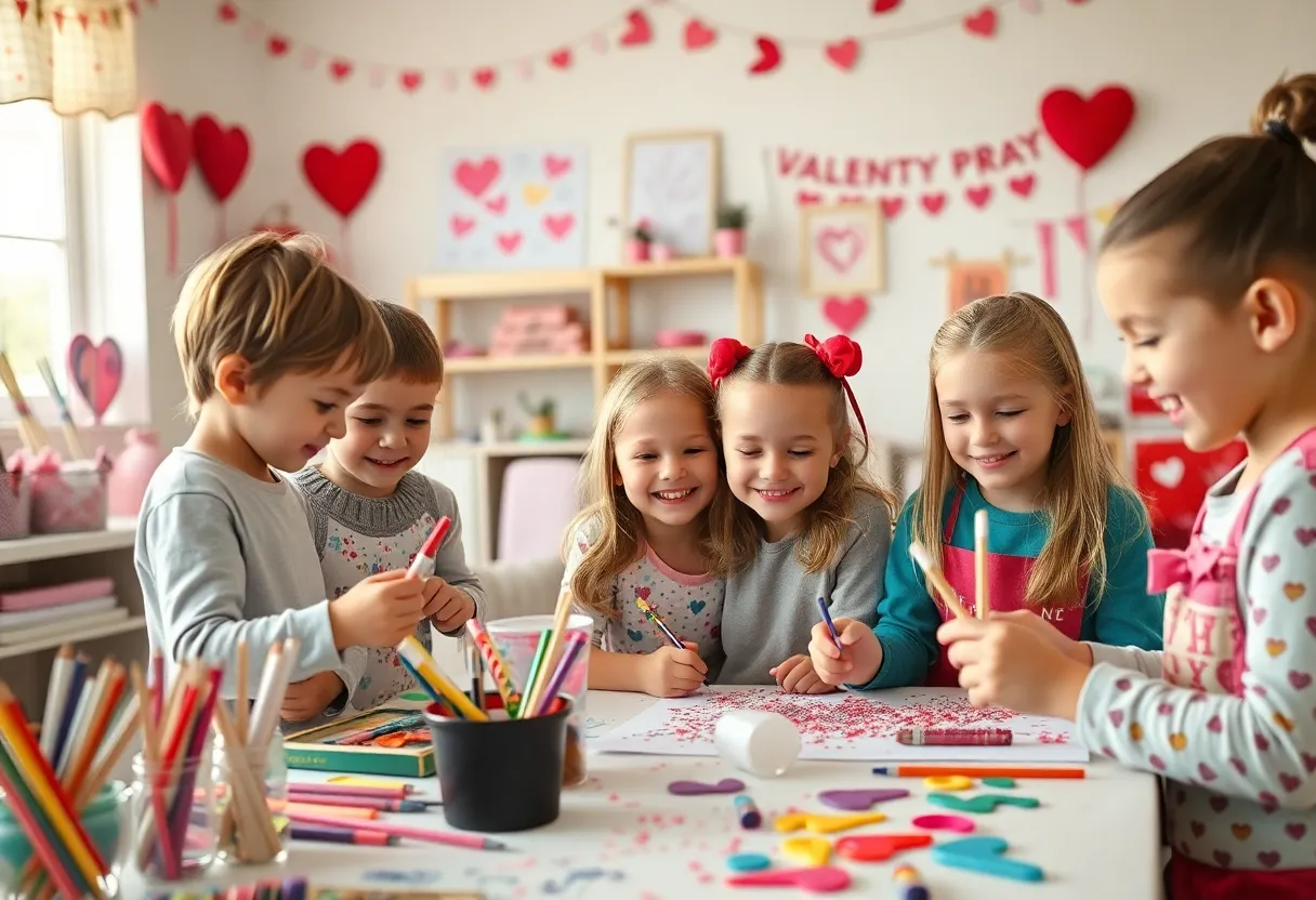 Children participating in a Valentine's art activity at the Indianapolis Art Center