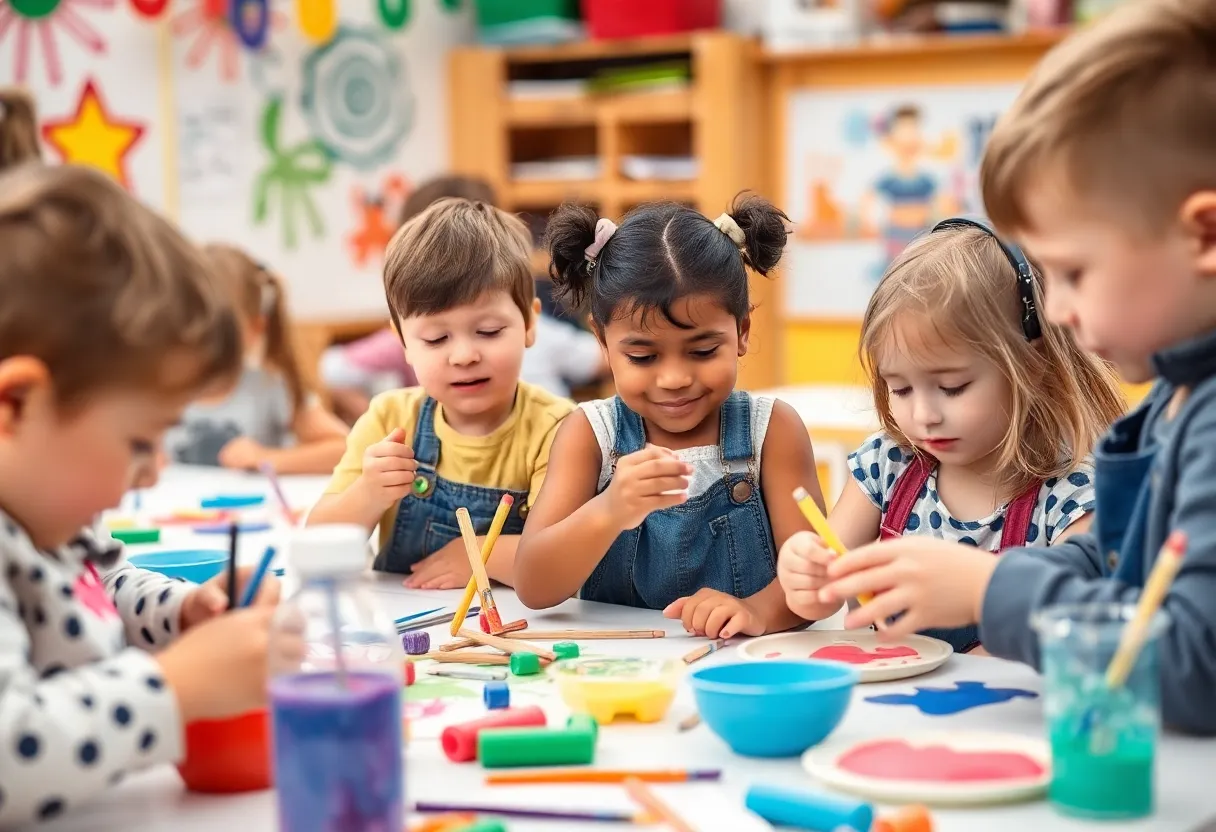 Kids making art at the Valentine's Art Party