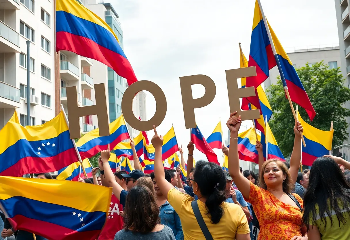 Group of Venezuelans protesting for democracy with flags