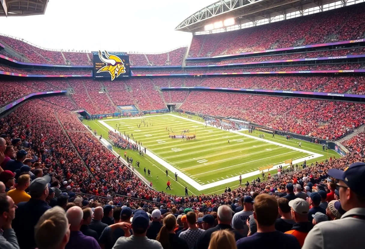 Fans at a Minnesota Vikings football game in a packed stadium.