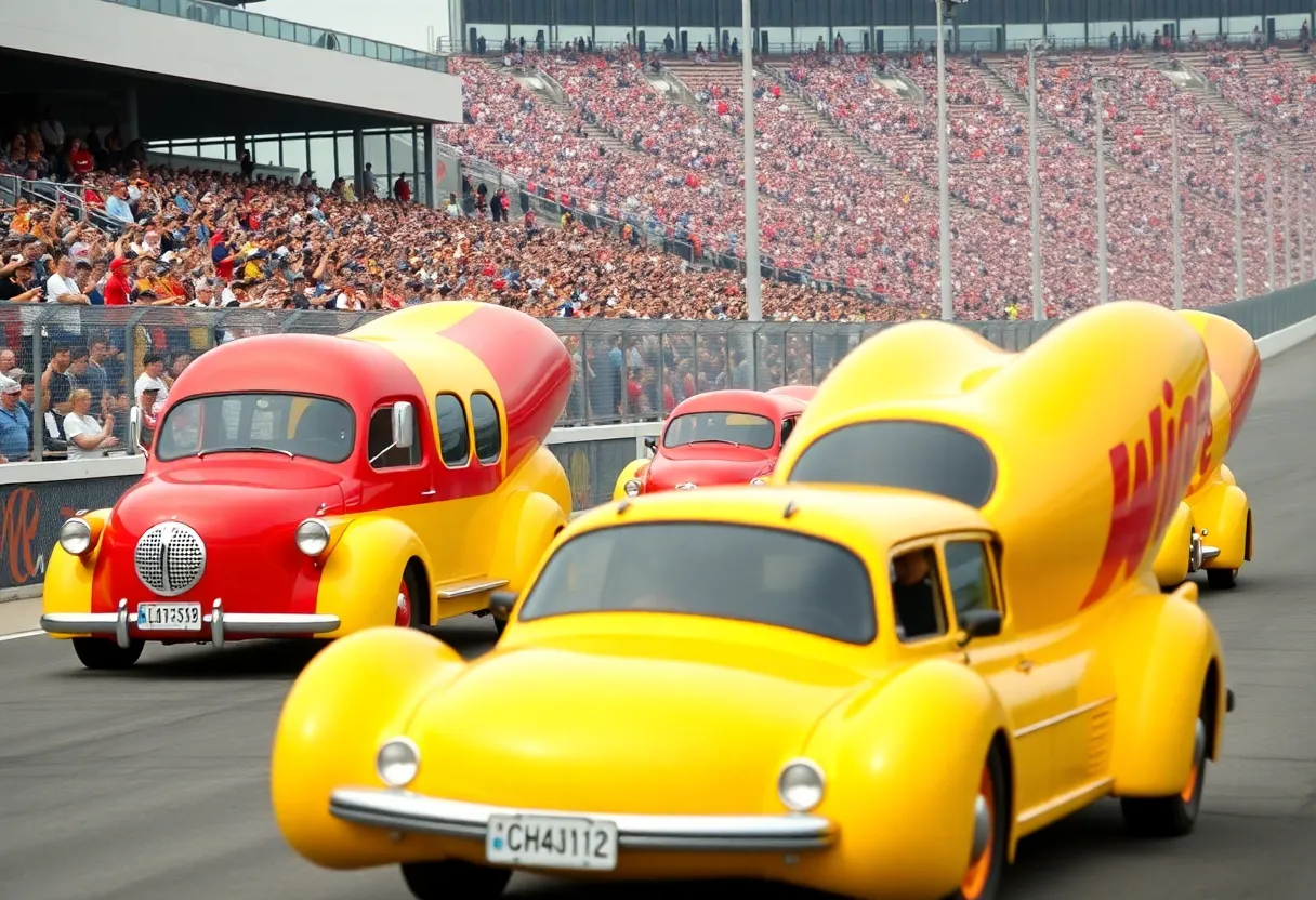 Wienermobiles racing at the Indianapolis Motor Speedway during the Wienie 500 event