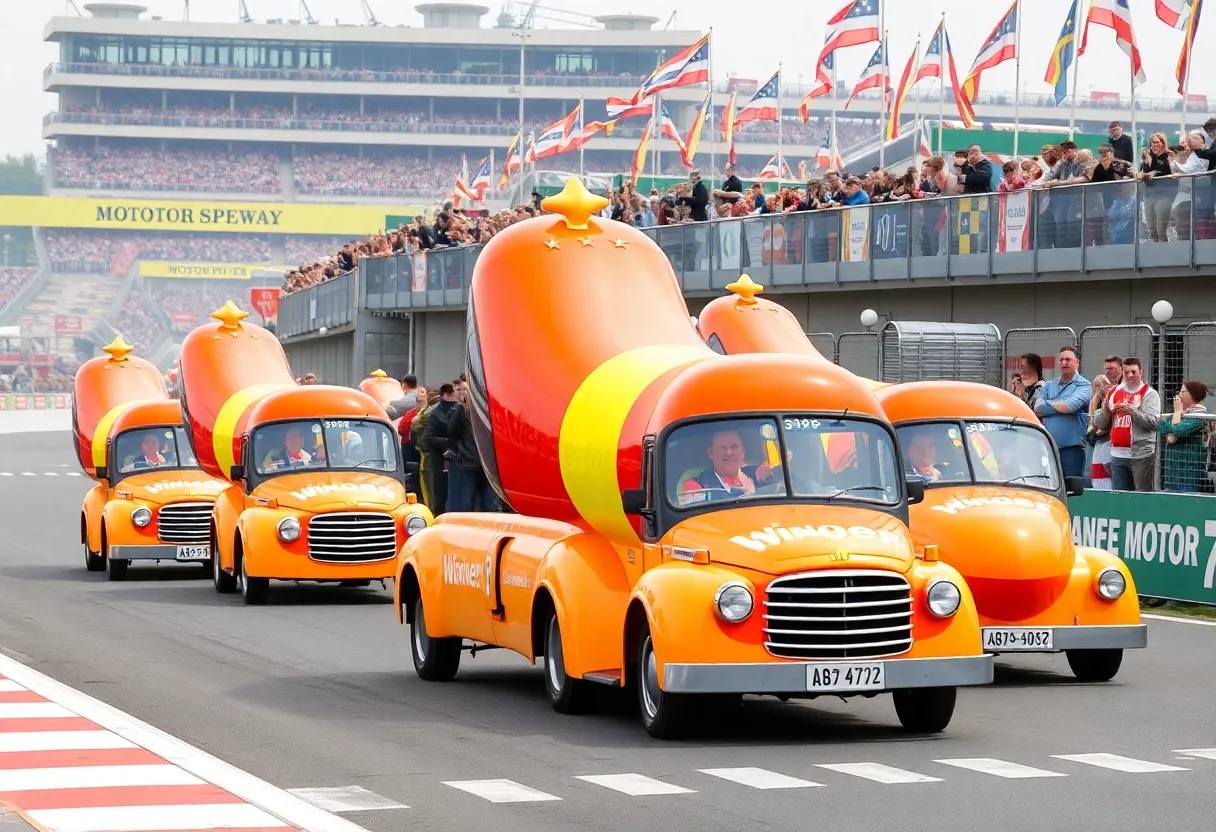 Exciting scene from the Wienie 500 race at Indianapolis Motor Speedway with Wienermobiles and fans.