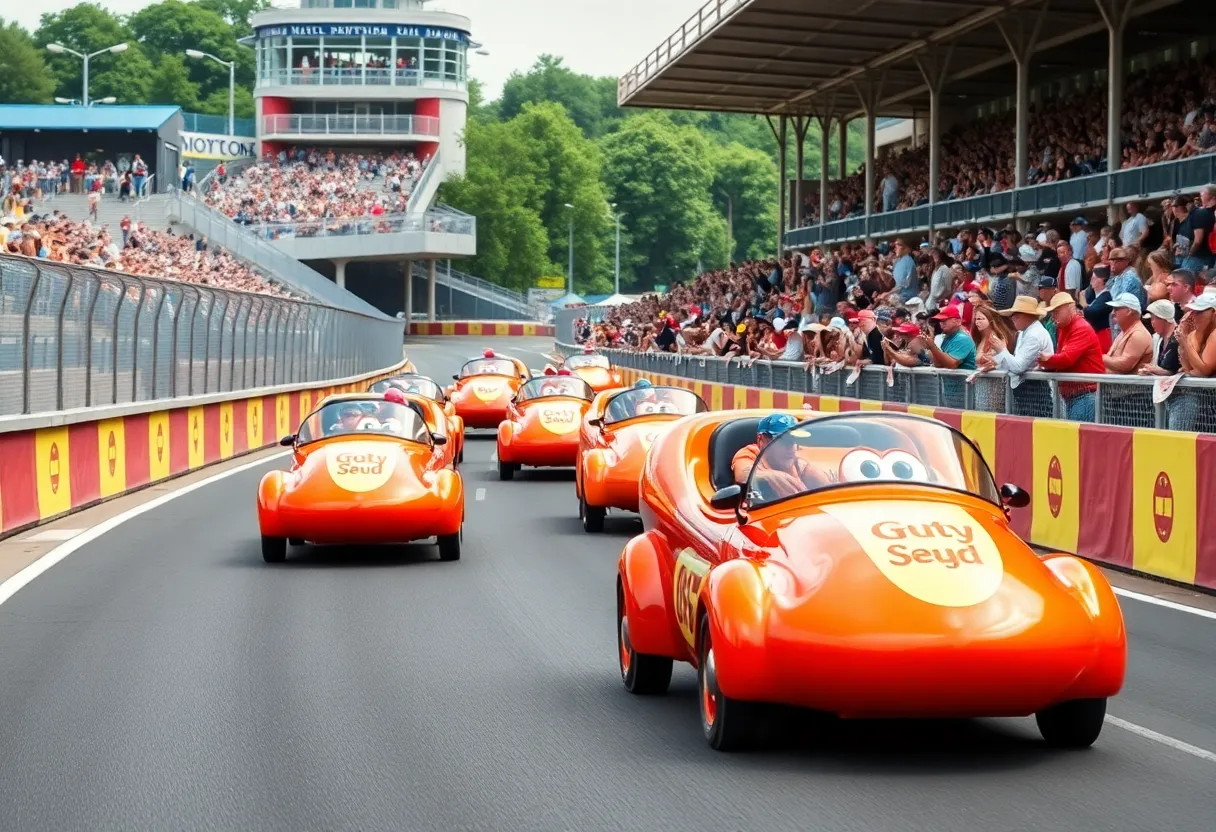 Hot dog-shaped vehicles racing at the Wienie 500 in Indianapolis