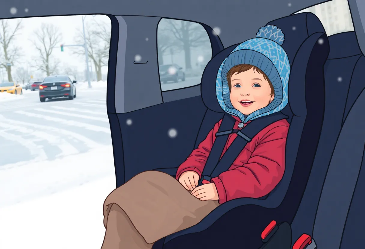 Child in car seat dressed with lightweight layers and blanket for winter safety