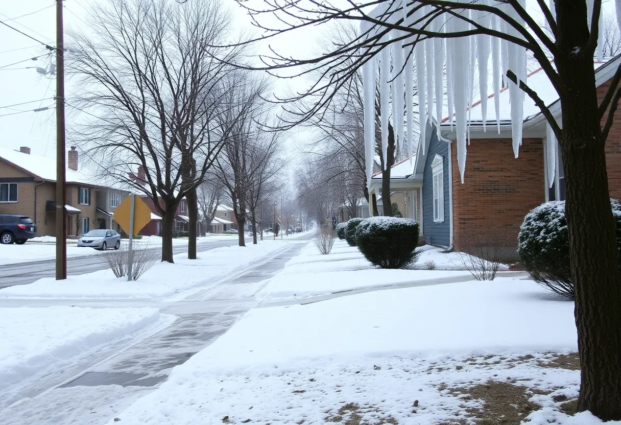 Snow-covered neighborhood in Indianapolis during winter weather