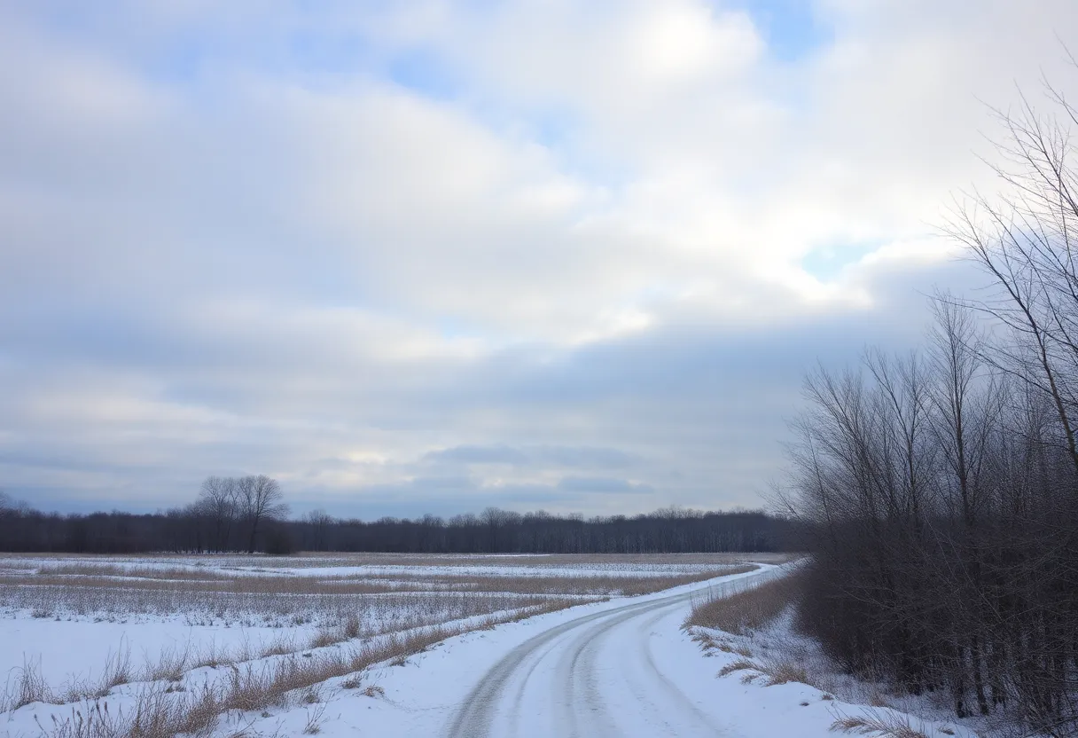 A scenic view of Central Indiana in winter with low clouds