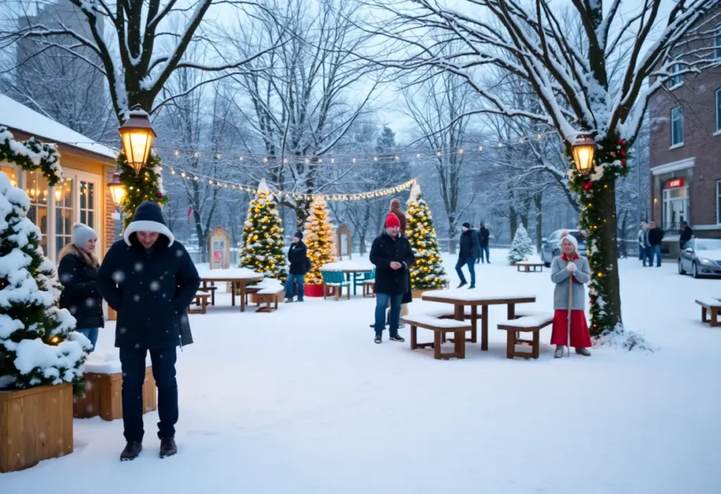 Snow-covered community area with decorations for a festival.
