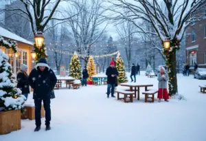 Snow-covered community area with decorations for a festival.