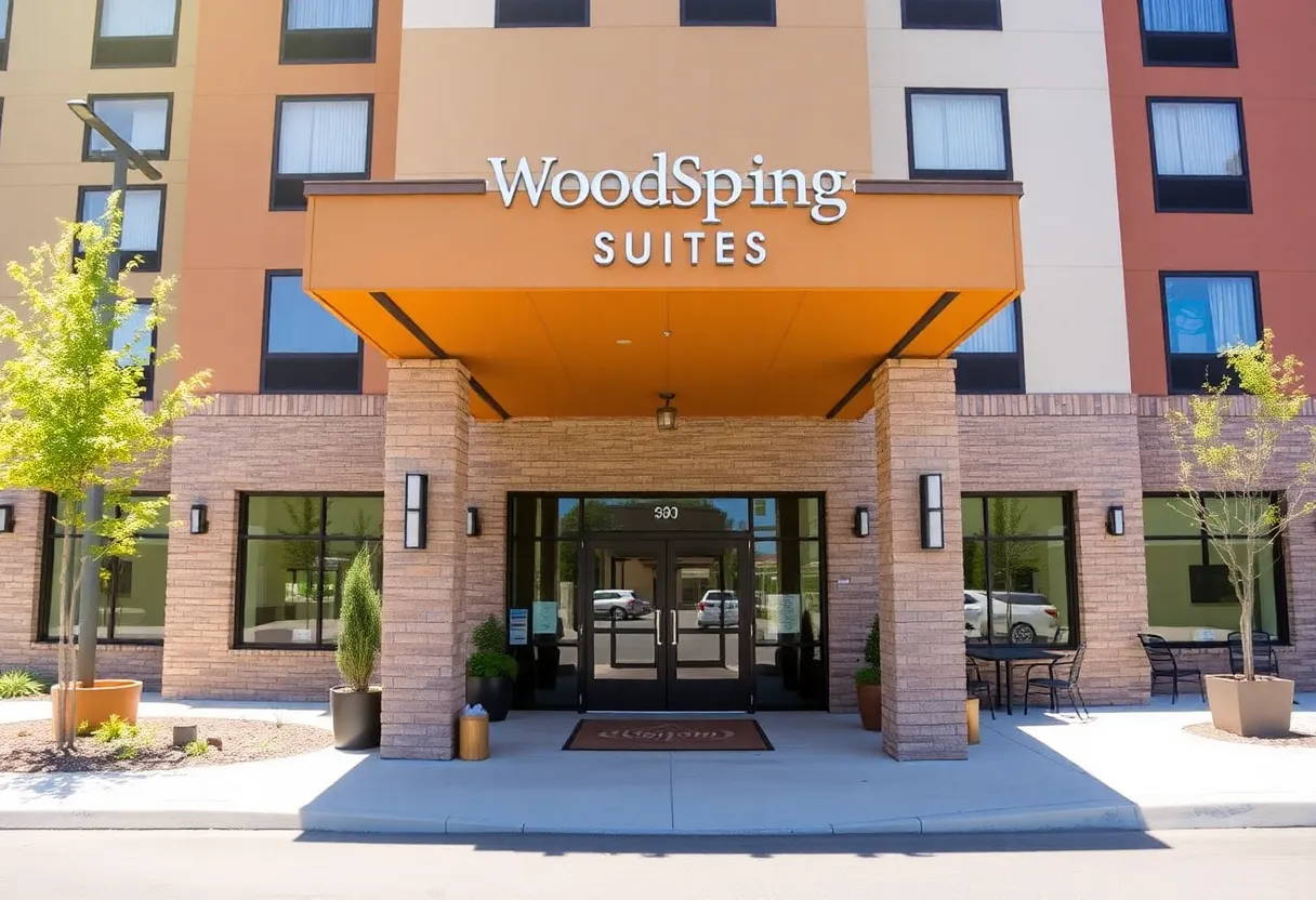 Exterior view of WoodSpring Suites hotel