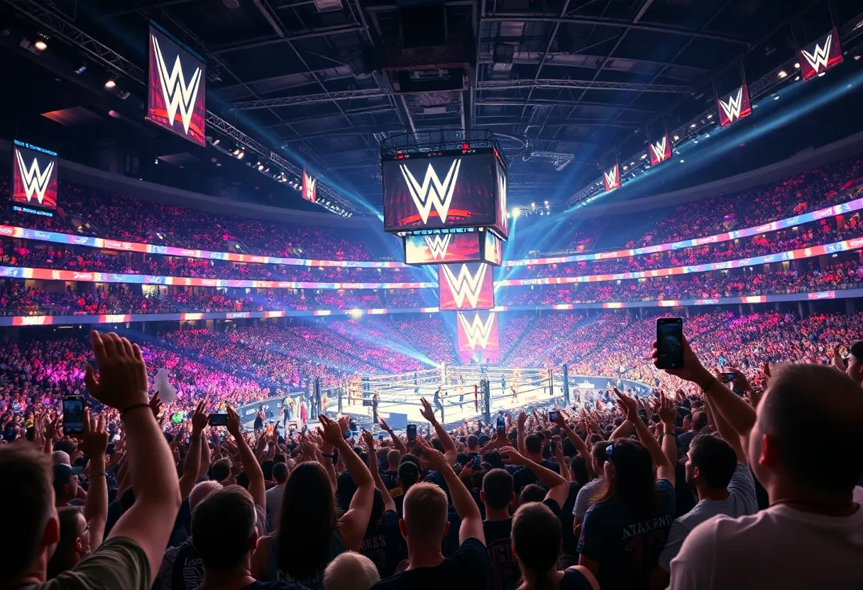 Wrestling fans enjoying a WWE event in Indianapolis with colorful lights and vibrant atmosphere.