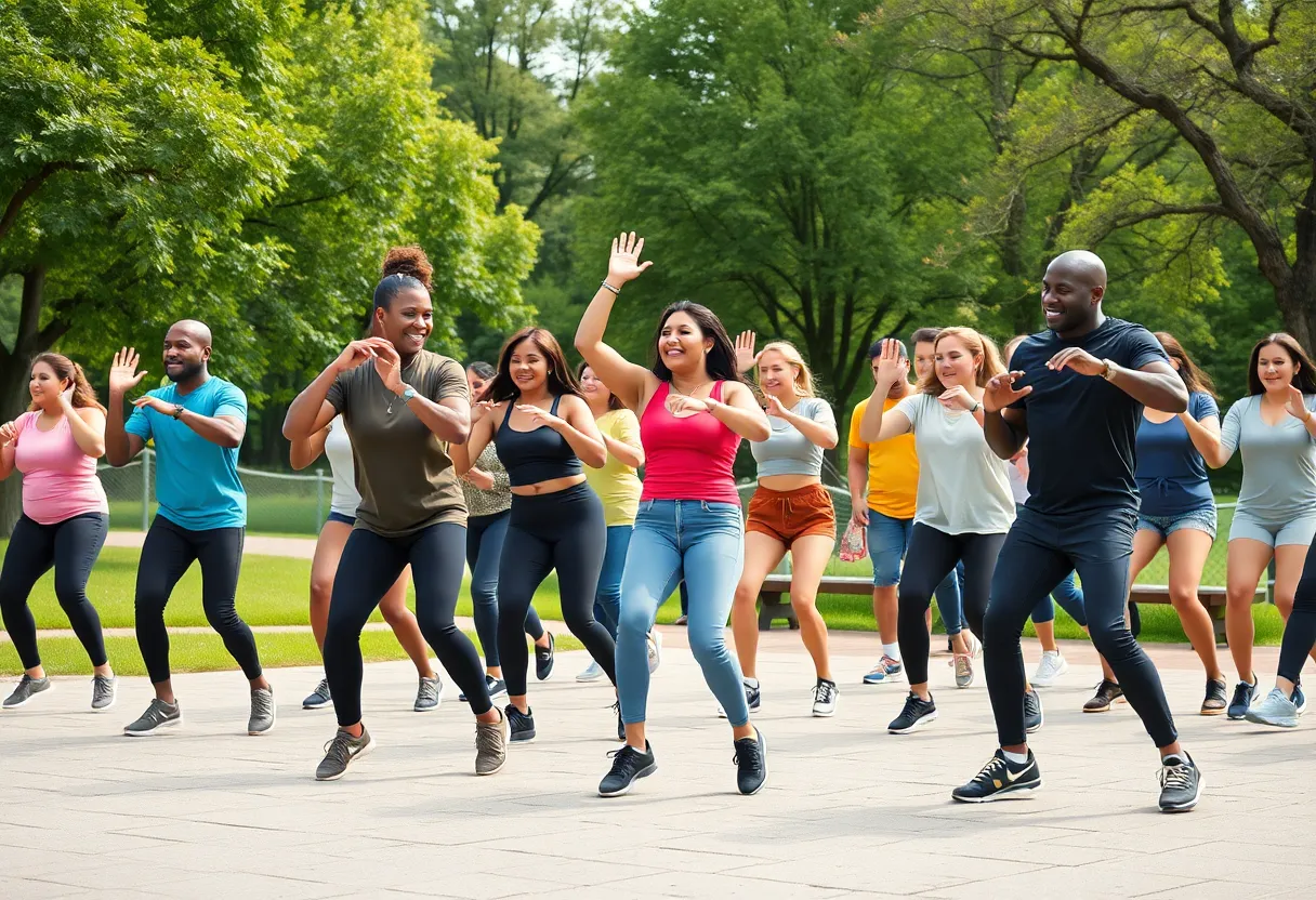 Participants enjoying an outdoor Xtreme Hip Hop aerobics class at Broad Ripple Park.