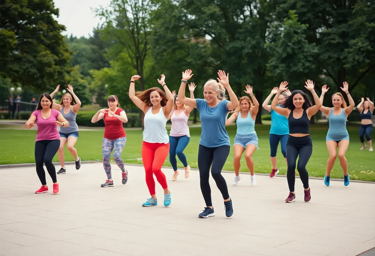 Participants enjoying an Xtreme Hip Hop aerobics class at Broad Ripple Park in Indianapolis