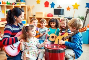 Children participating in a music class at ShooBeeLoo.