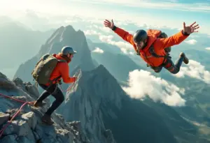 Outdoor adventure scene illustrating mountain climbing and skydiving.