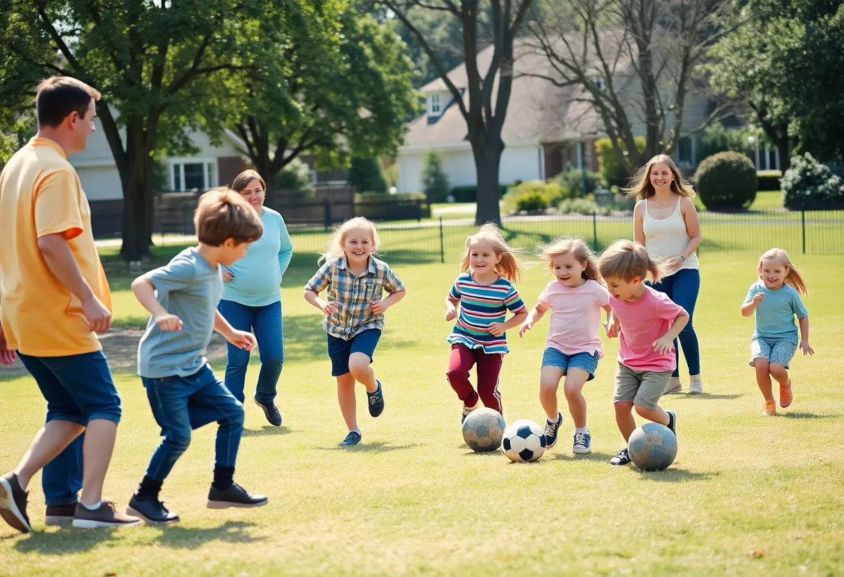 Group of neighborhood children playing football in a park