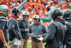 A dynamic meeting among coaching staff discussing football strategies.