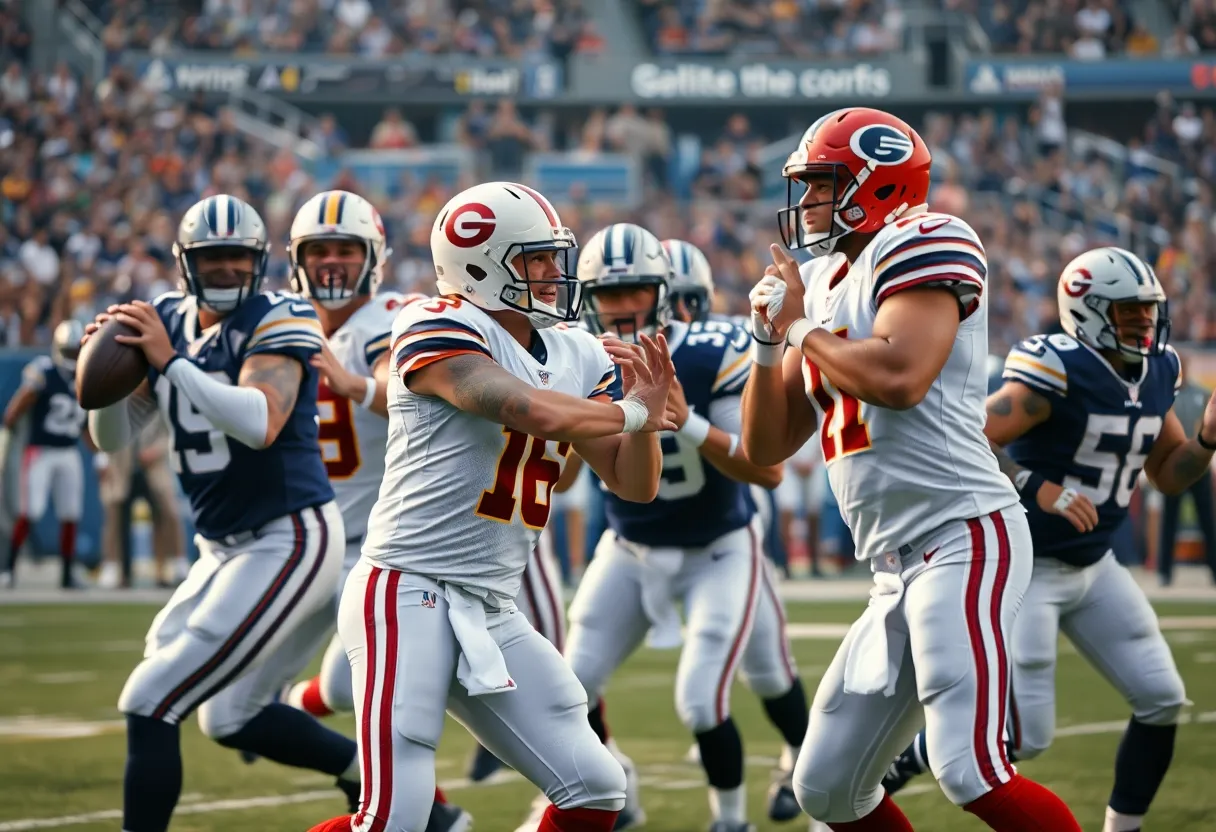 Quarterbacks discussing strategies on the field during an NFL game.