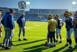 An NFL strategy meeting with players and coaches in discussion